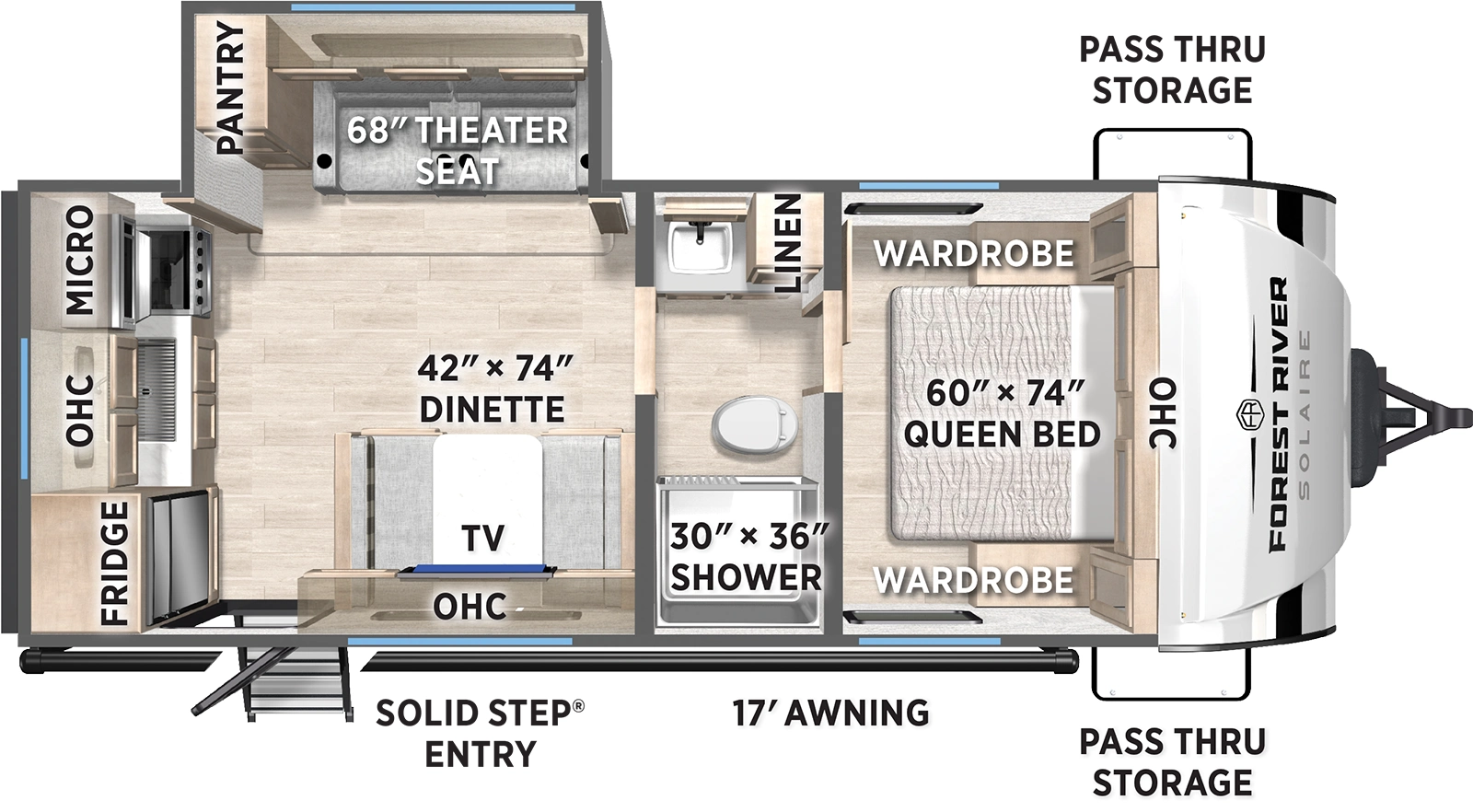 The SolAire Ultra Lite 237RK floorplan has one entry and one slide out. Exterior features include: fiberglass exterior and 17' awning. Interiors features include: rear kitchen, front bedroom and pass through bathroom.